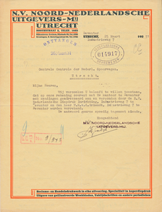 711824 Brief van de N.V. Noord-Nederlandsche Uitgevers-Mij., Boothstraat 3 te Utrecht, gericht aan de Centrale Controle ...